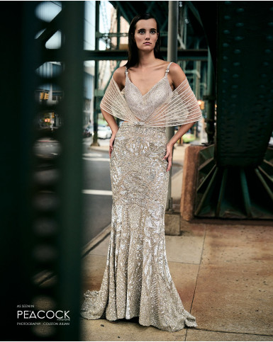 Beige-based, fitted long skirt with a short trail and crop top