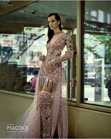 Light pink multicoloured short dress with a tulle cape