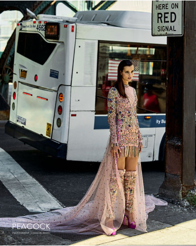 Light pink multicoloured short dress with a tulle cape