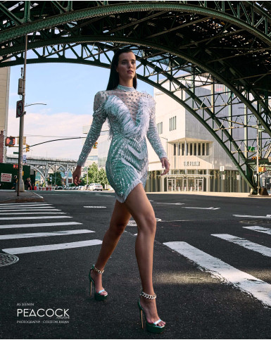 Powder blue short dress with a feathered neckline