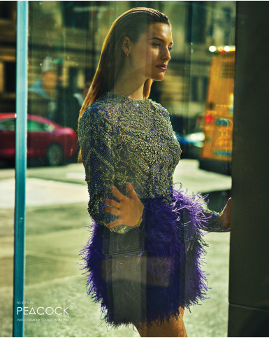 Monochrome sequinned short dress with feather accents