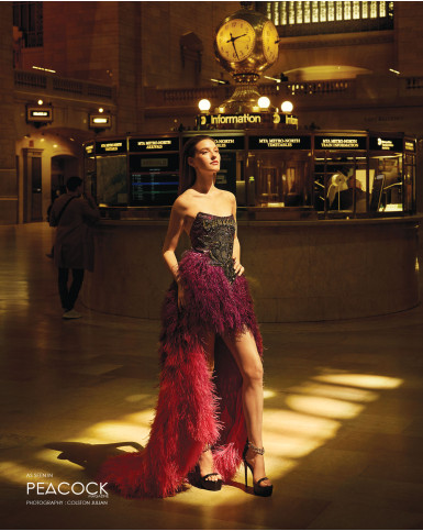 Multicoloured dress with sequins and feathers