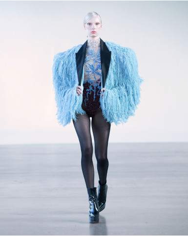 Multicoloured bodysuit with powder blue jacket