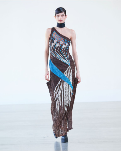 Mocha brown-based, one shoulder long dress