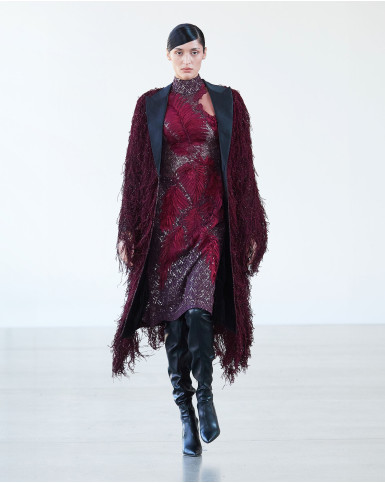 Wine-hued long dress with fringed jacket