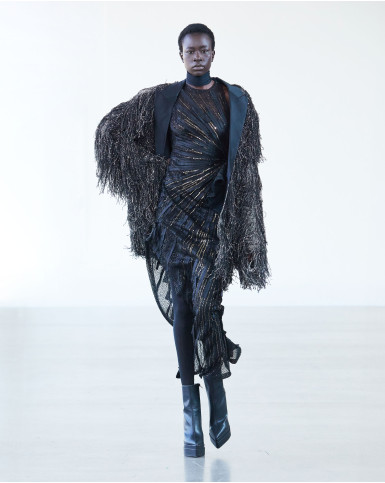Black sheer-based, dress with gunmetal fringed jacket