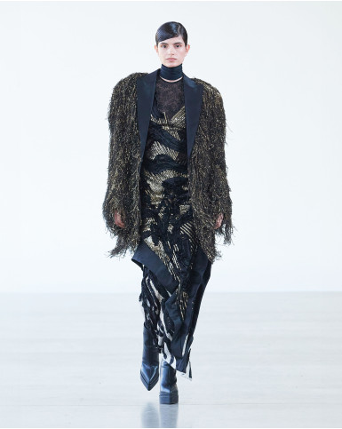 Black embroidered long dress with black and gold jacket