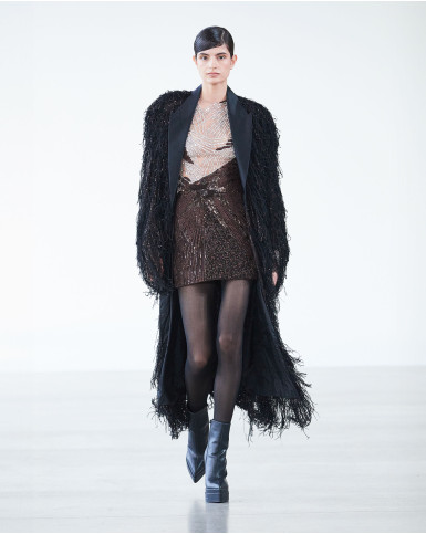 Chestnut brown and silver short dress and fringed jacket
