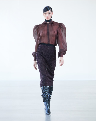 Burgundy-based, embroidered skirt and organza shirt