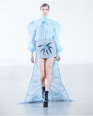 Powder blue short skirt with trail and organza shirt