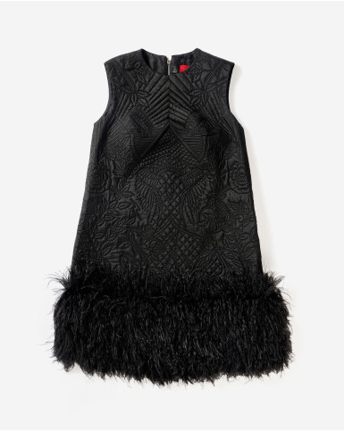 Black quilted short dress with feather accents