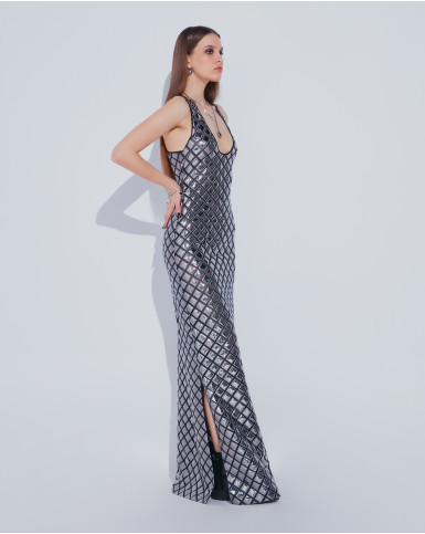 Silver chrome applique long dress