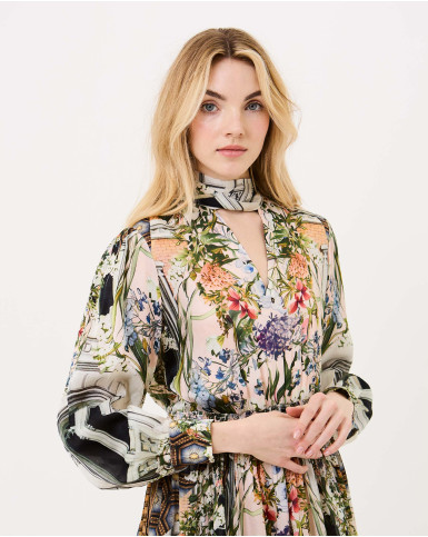 Floral Facade neck-tie dress