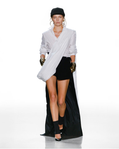 White draped shirt with black short pants