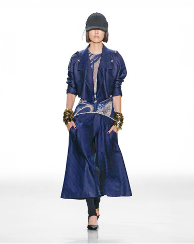 Blue trench-style slip dress with a cropped jacket