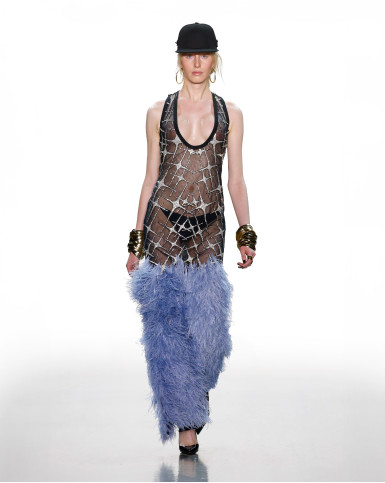 Sheer black embellished dress with feathers