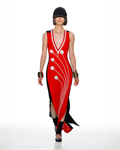 Red and black beaded long dress
