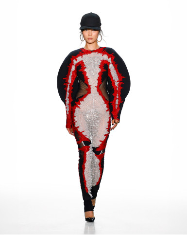 Black and red embellished catsuit