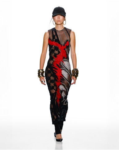 Red, black, and silver sheer dress