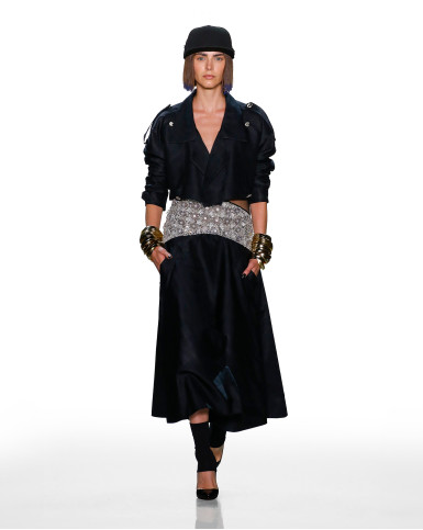 Black trench-style slip dress with cropped jacket