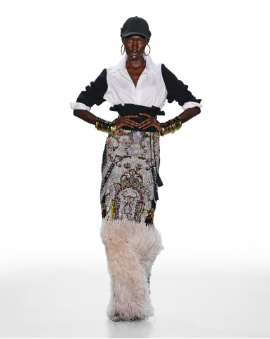 Monochrome shirt with an embroidered long skirt and a belt