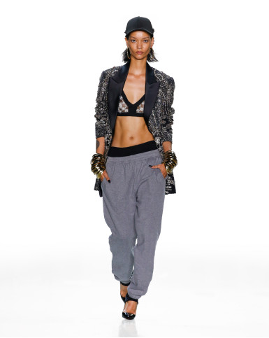 Grey blazer with sheer bralette and sweat pants