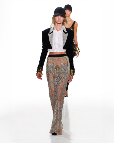 Sheer long skirt with a white shirt and a cropped blazer