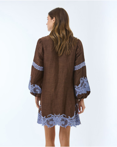 Brown with Purple Embroidery Short Dress