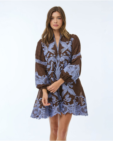 Brown with Purple Embroidery Short Dress