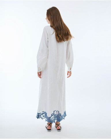 White with Blue Embroidery Long Dress