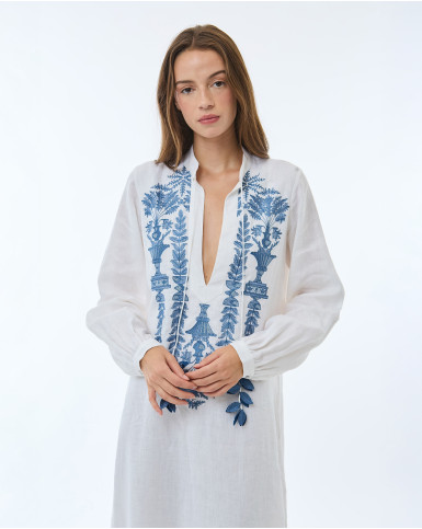 White with Blue Embroidery Long Dress