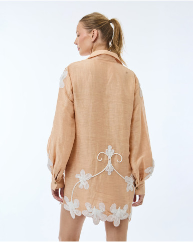 Peach with White Embroiderery Short Dress