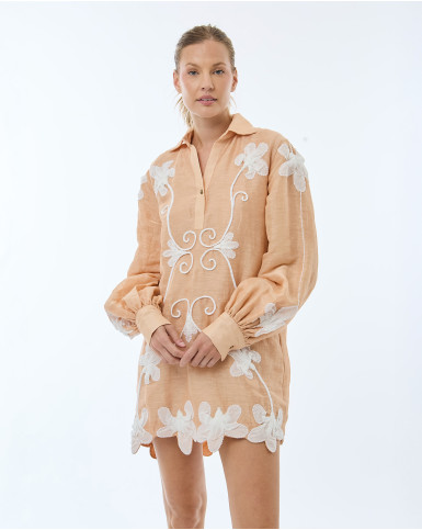 Peach with White Embroiderery Short Dress