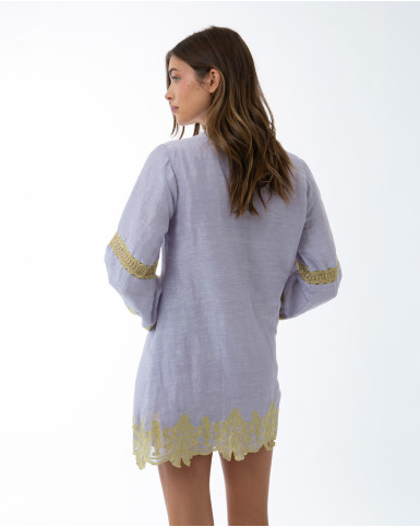 Lilac with Yellow Embroidery Short Tunic
