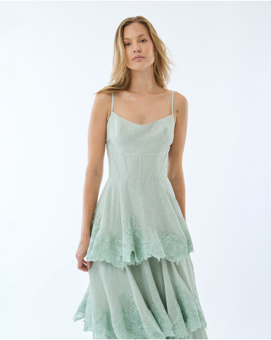 Green with Green Embroidery Long Dress