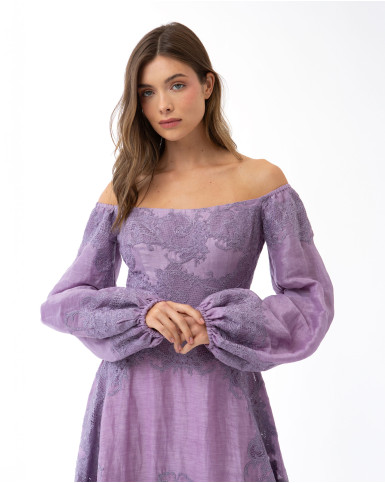 Purple with Purple Embroidery Long Dress