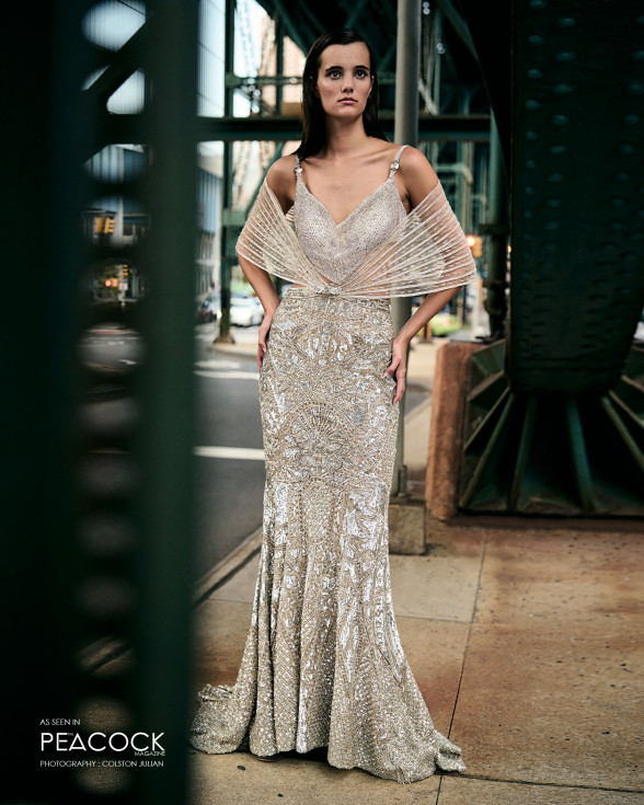 Beige-based, fitted long skirt with a short trail and crop top