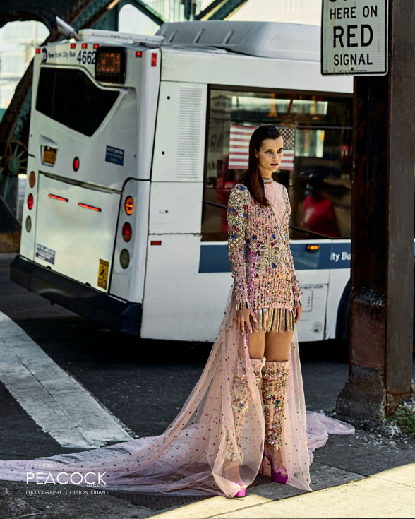 Light pink multicoloured short dress with a tulle cape
