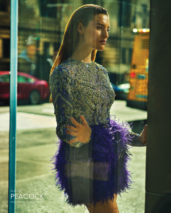Monochrome sequinned short dress with feather accents