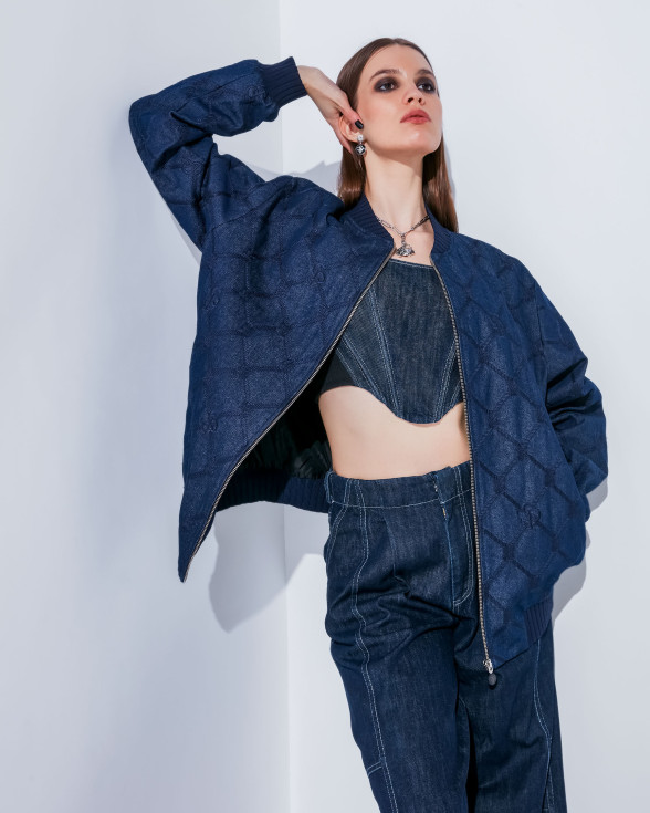 Blue FSP Monogram embroidered denim bomber jacket