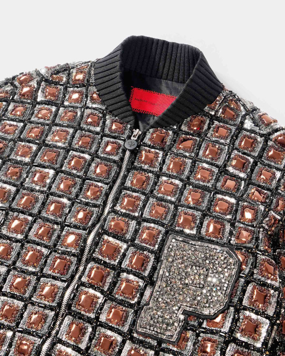 Brown chrome appliqué bomber jacket