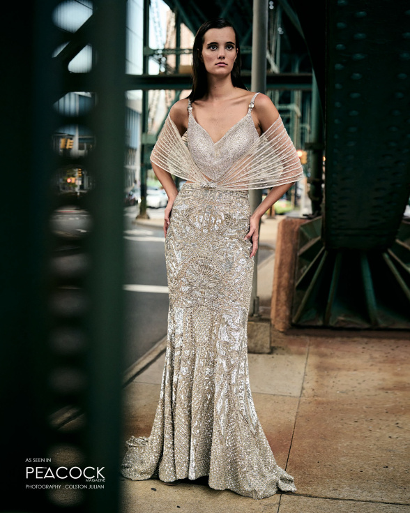 Beige-based, fitted long skirt with a short trail and crop top