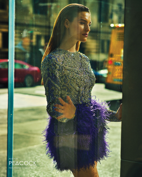 Monochrome sequinned short dress with feather accents