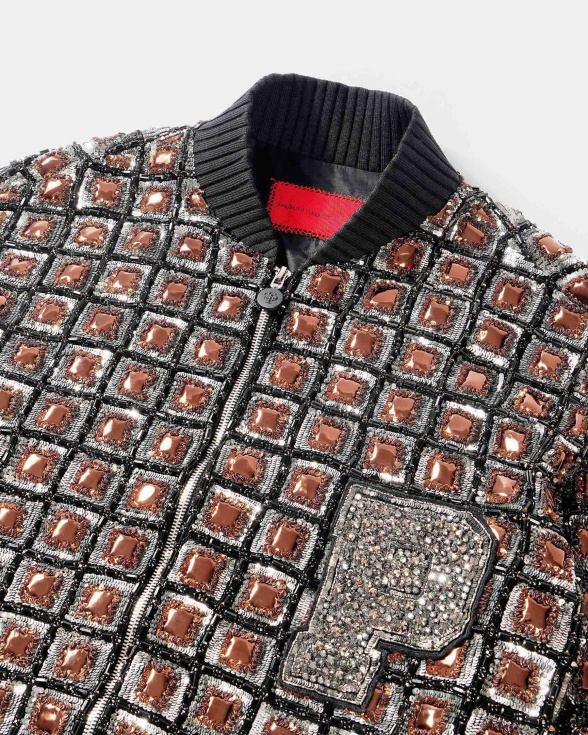Brown chrome appliqué bomber jacket