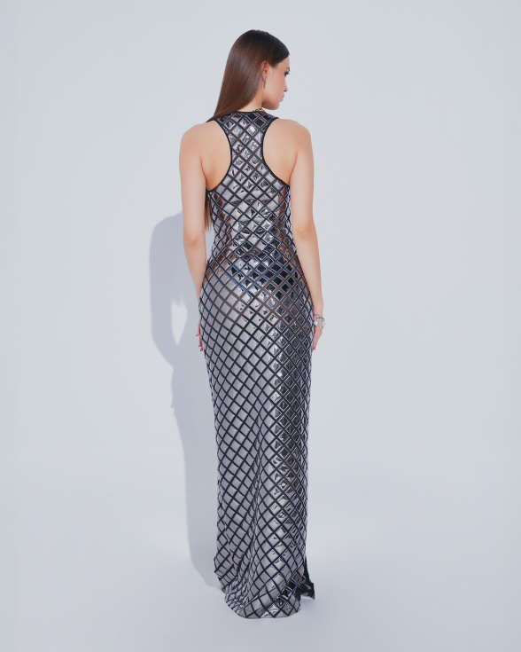 Silver chrome applique long dress