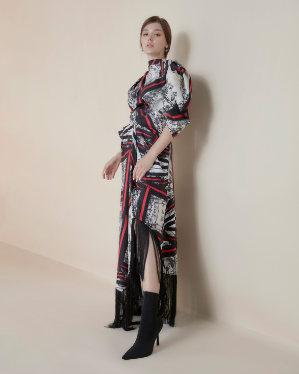 Crimson Nouveau long fringe dress