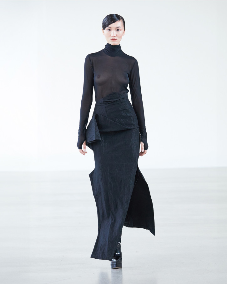 Black turtleneck bodysuit and long skirt