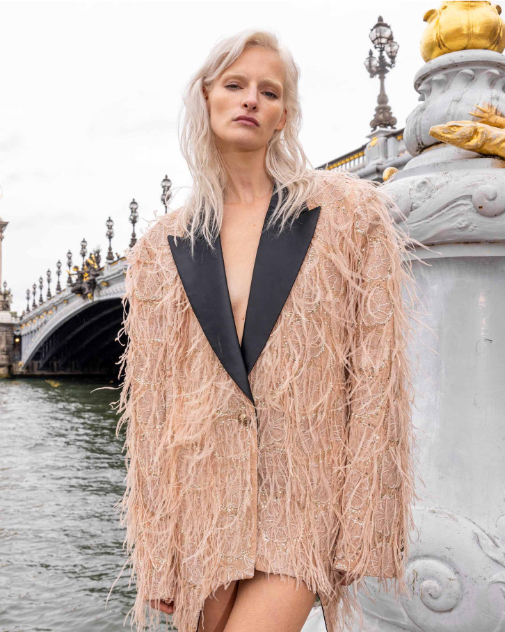 Orchid, Beige Feathered Blazer