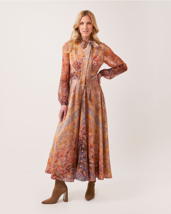 Chromatic Dusk neck-tie long dress