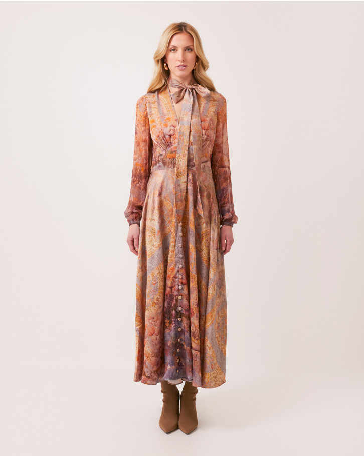 Chromatic Dusk neck-tie long dress